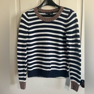 Banana Republic Navy and White Striped Crewneck Sweater with Brown Trim